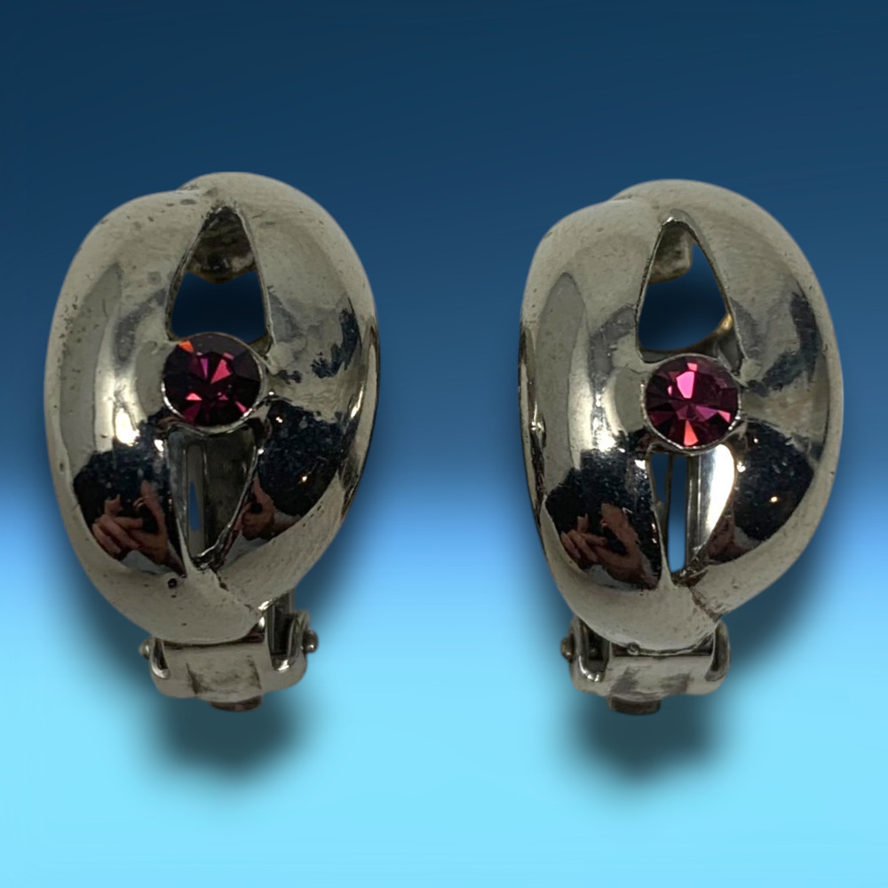 Vintage Silver Tone Modernist Demi Hoop Purple Crystal Earrings Clip On Couture